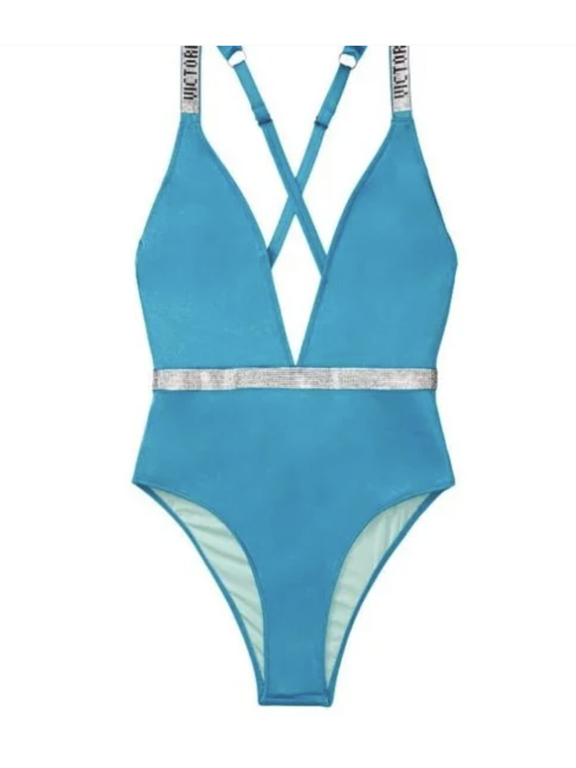 Large VS Shine Strap Plunge One-Piece Swimsuit Shimmer Blue