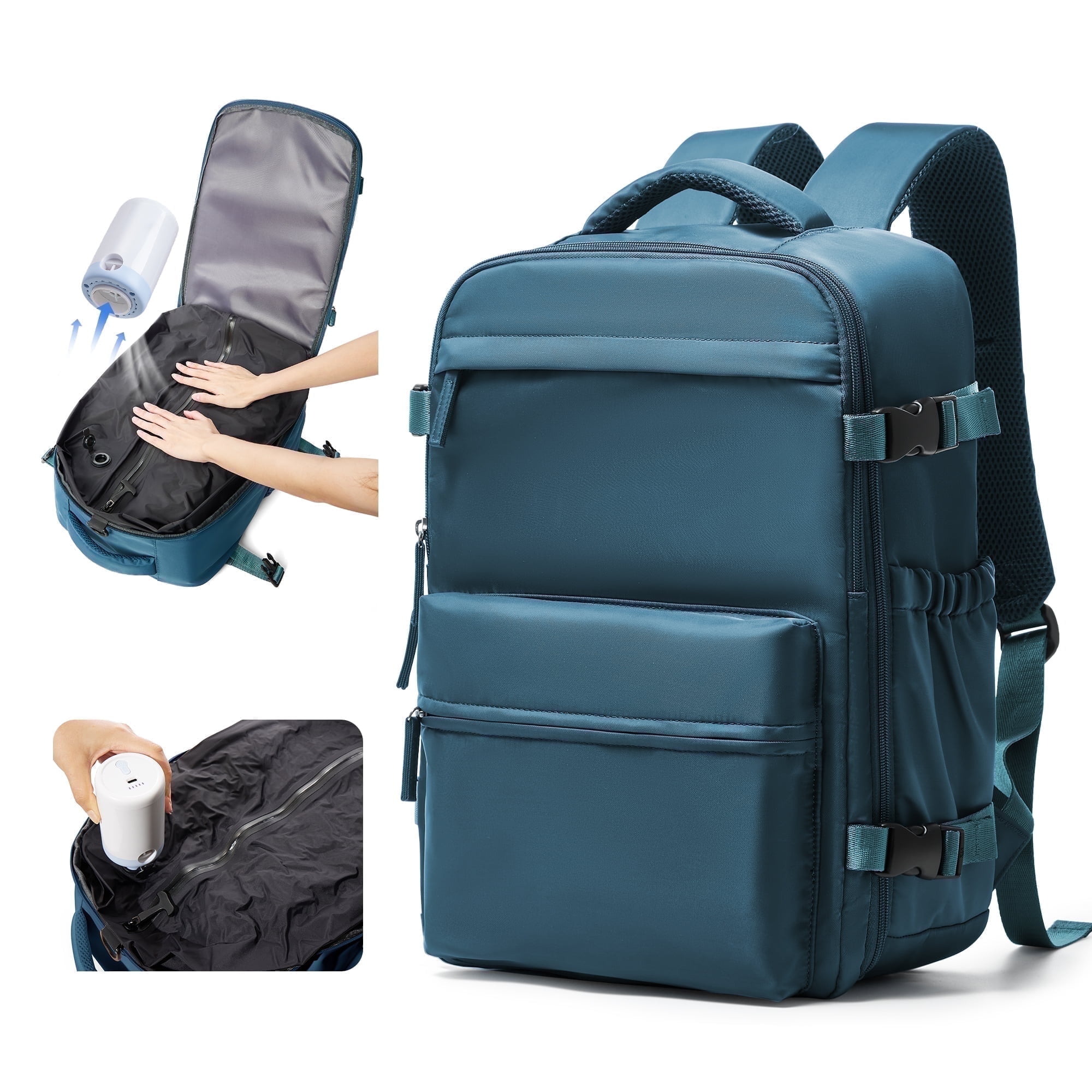 Large Vacuum Travel Backpack with Pump for Women,Airback Personal Item Carry on Backpacks Flight Approved 18x14x8 inches for Men,Laptop Waterproof Work Compression bags Casual Daypack,Peacock Blue
