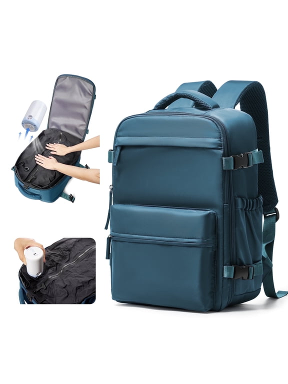 Large Vacuum Travel Backpack with Pump for Women,Airback Personal Item Carry on Backpacks Flight Approved 18x14x8 inches for Men,Laptop Waterproof Work Compression bags Casual Daypack,Peacock Blue