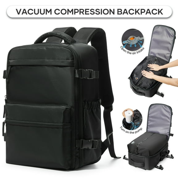 Large Vacuum Travel Backpack with Pump for Women,Airback Personal Item Carry on Backpacks Flight Approved 18x14x8 inches for Men,Laptop Waterproof Work Compression bags Casual Daypack,Black