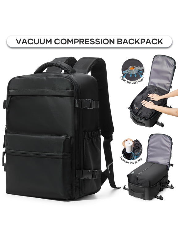 Large Vacuum Travel Backpack with Pump for Women,Airback Personal Item Carry on Backpacks Flight Approved 18x14x8 inches for Men,Laptop Waterproof Work Compression bags Casual Daypack,Black