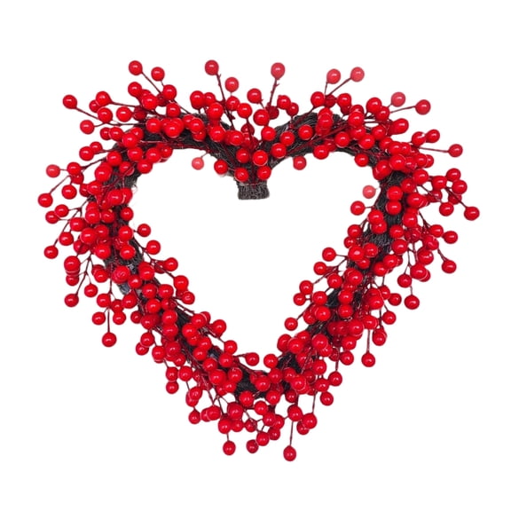 Large Valentine Heart Berry Wreath - 3D Artificial Flower Holiday Door Hanging & Wall Decor, 16 Inch Heart-Shaped Wreath for Indoor Fireplace & Mantel