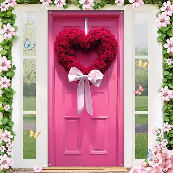 Large Valentines-Day Door Cover 6x2.9 Ft Happy Valentine's Day Banner Decorations Romantic Hearts Love Hanging Background for Indoor Outdoor Valentines Day Home Door Banner Party Supplies
