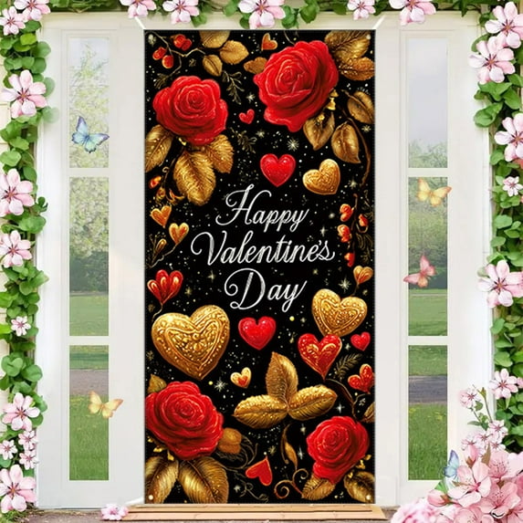 Large Valentines-Day Door Cover 6x2.9 Ft Happy Valentine's Day Banner Decorations Romantic Hearts Love Hanging Background for Indoor Outdoor Valentines Day Home Door Banner Party Supplies