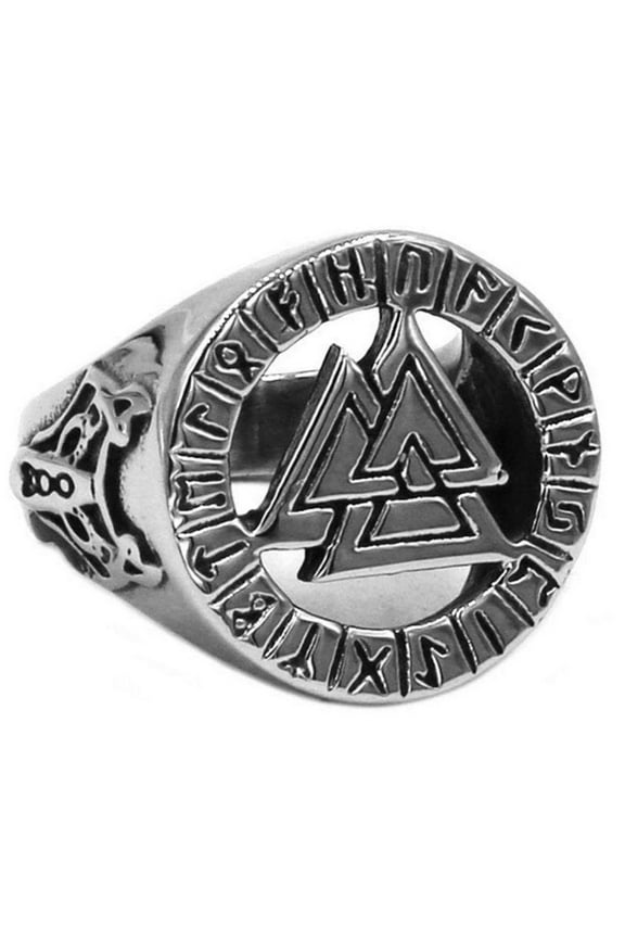 Large Valknut Viking Ring Silver Stainless Steel Norse Wolf Band