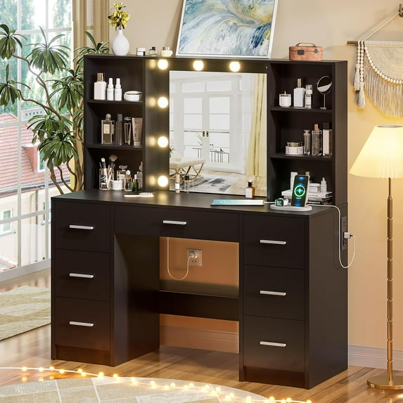 Large Vanity Desk with Mirror, 10 Lights and Power Outlet, Makeup Vanity with Shelves and 7 Drawers, Vanity Desk Dressing Table with 3 Color Light Adjustable, Vanity Table for Bedroom (Black)