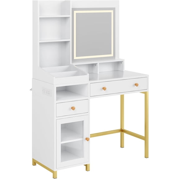 Large Vanity Desk with Mirror, LED Light and Power Outlet, Makeup Table with Drawers & Cabinet, and Open Storage Shelves, Dressing Table for Bedroom, Dressing Room, Women, Girls, White