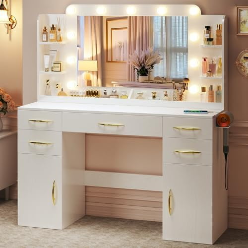 Large Vanity Desk with Mirror and Lights, 50" Wide Makeup Vanity Table, 3 Lighting Modes, Built-in Power Outlet, 5 Drawers & 2 Cabinets, Spacious 23.6" Legroom, Milky White