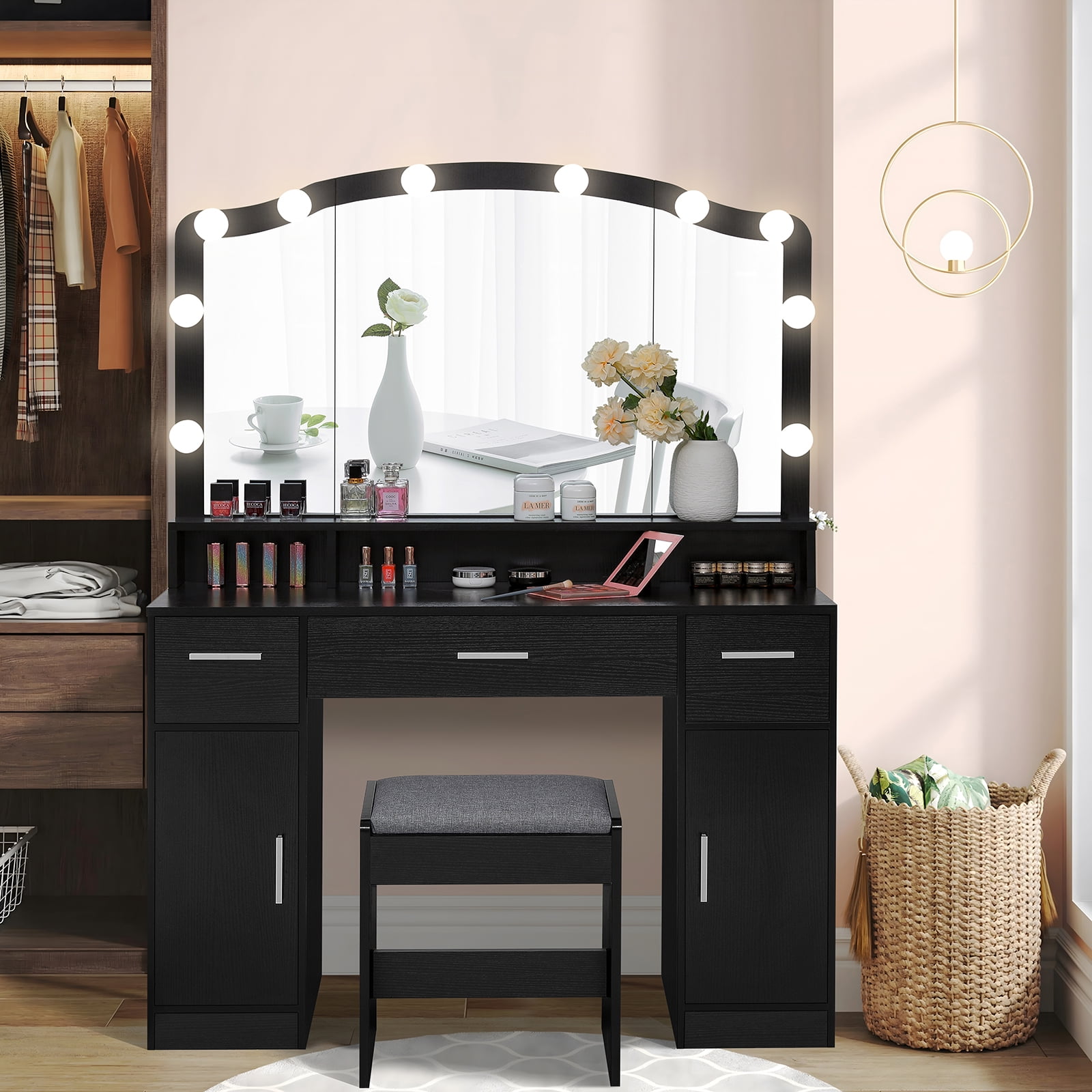 Large Vanity Desk with Mirror & Lights, Grey Makeup Vanity Table 