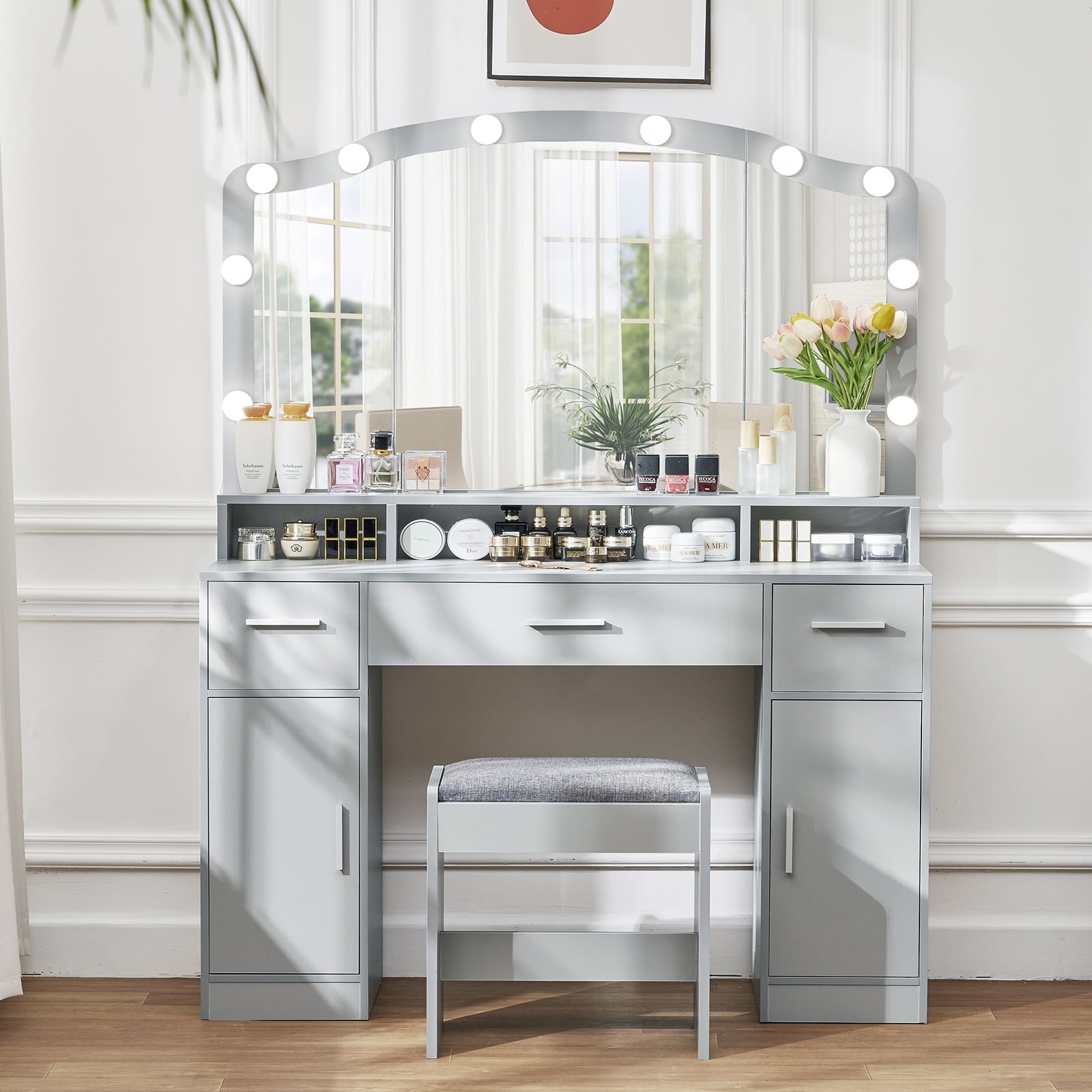 Large Vanity Desk with Mirror & Lights, Grey Makeup Vanity Table 