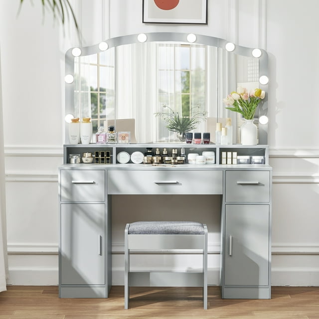 Large Vanity Desk with Mirror & Lights, Grey Makeup Vanity Table