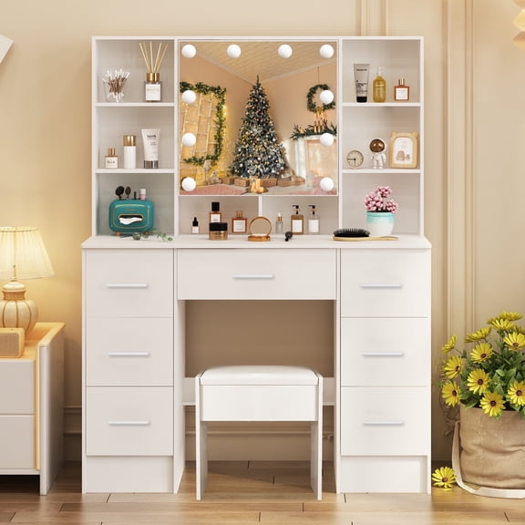 JBLCC 39.4" Makeup Vanity Set with LED Lighted Mirror, 7 Drawers & Cushioned Stool, White