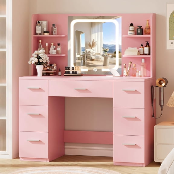 Large Vanity Desk with LED Lighted Mirror & Power Outlet,Makeup Vanity Table, Pink