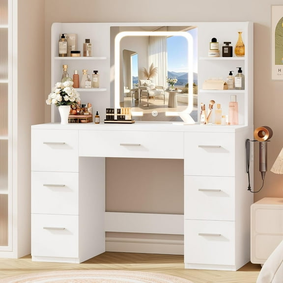 Large Vanity Desk with LED Lighted Mirror & Power Outlet,Makeup Vanity Table, White