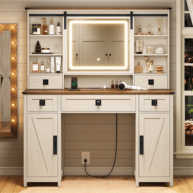 Large Vanity Desk with Mirror and Lights,and Sliding Mirror,Farmhouse