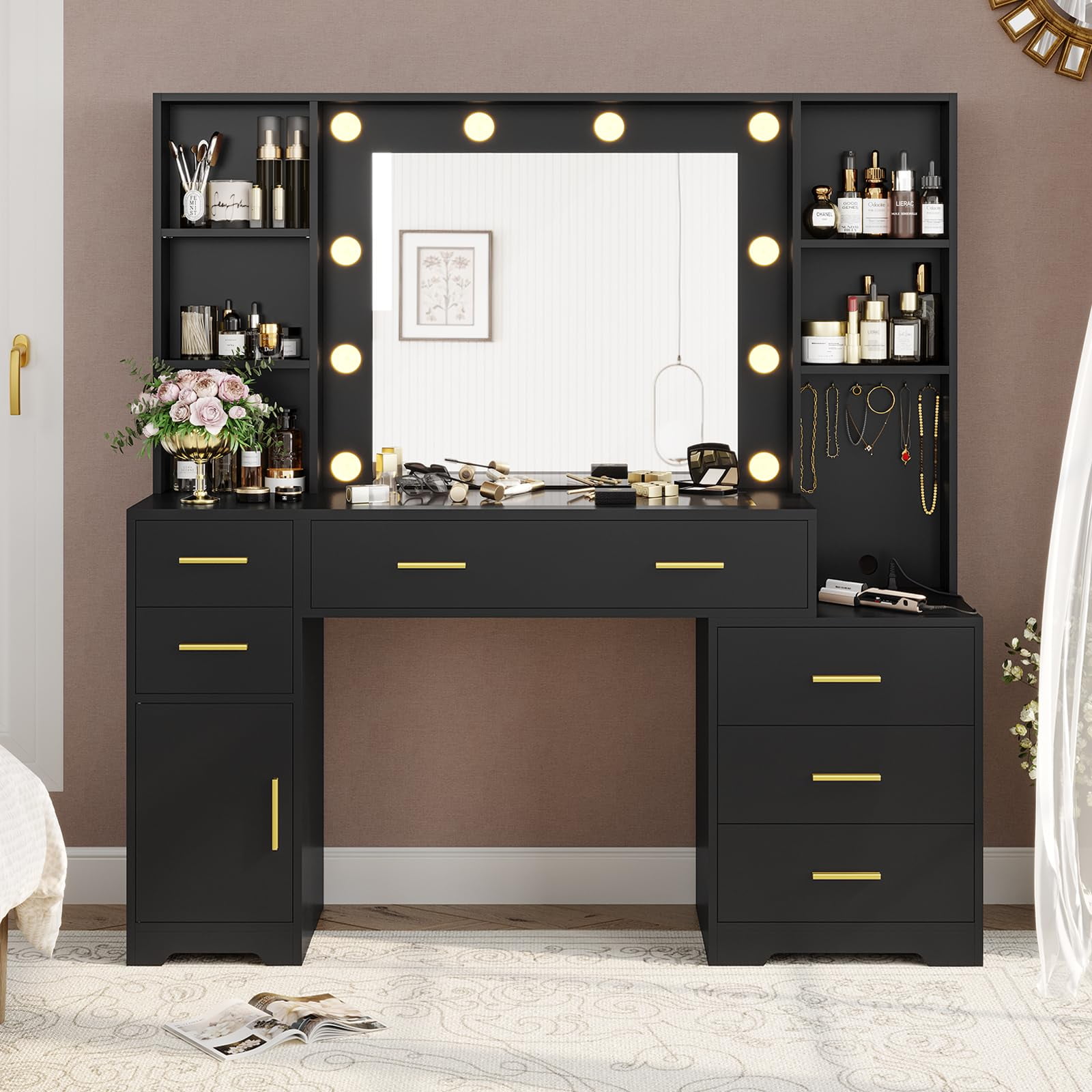 Large Vanity Desk with Power Outlet Makeup Table with 6 Drawers and Storage Cabinet Glass Tabletop Black Walmart