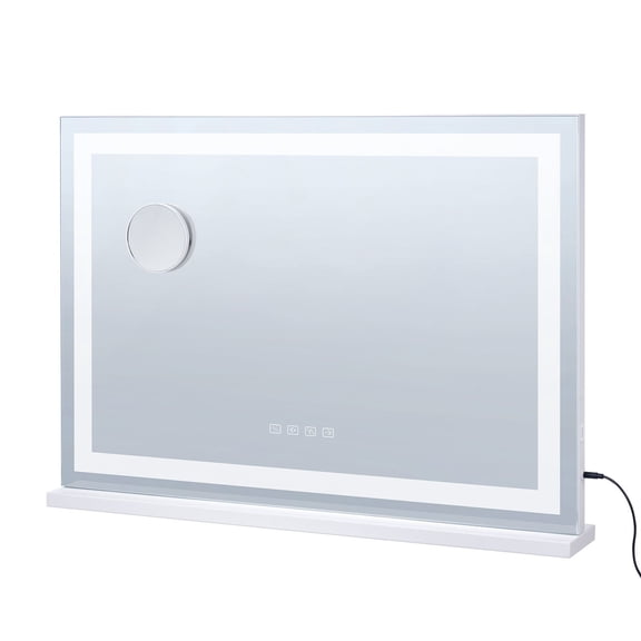 Large Vanity Mirror with Lights and Bluetooth Speaker, Three Color Lighting Modes, Lighted Makeup LED Mirror,5X Magnification,USB,Smart Touch Control,Desktop Wall-Mount (31.5x21.7in, White)