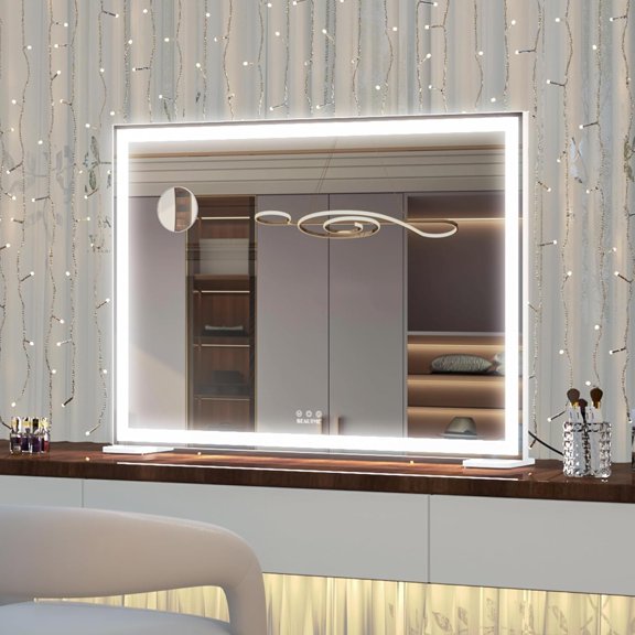 Large Vanity Mirror with Lights, 36.2" x 26.8" Makeup Mirror with LED Lights, Tabletop or Wall Mount, 3 Color Modes, Dimmable, Touch Control, White