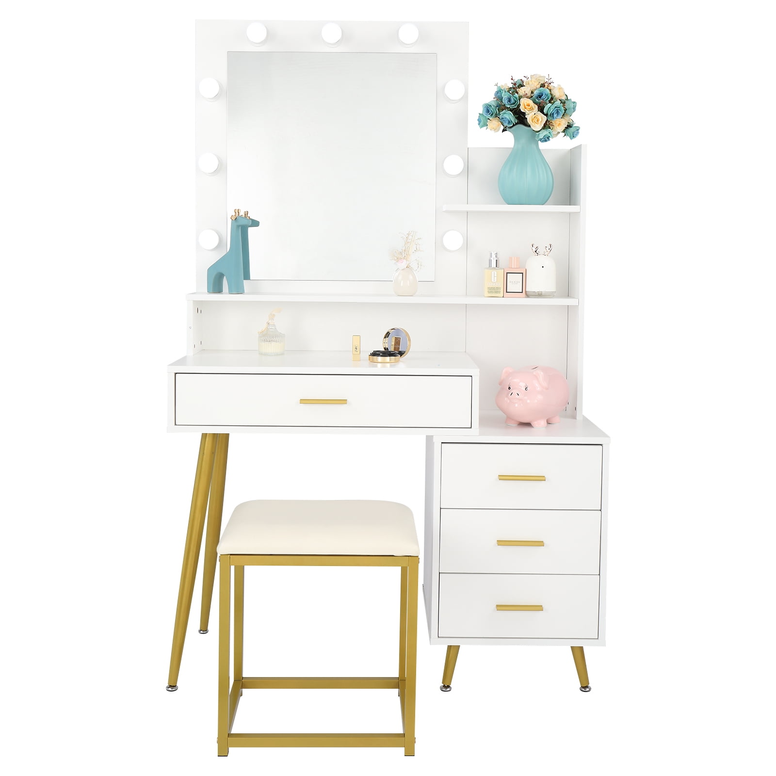 Large Vanity Set with 9 LED Bulbs, Makeup Table with Cushioned Stool, 3 Storage Shelves 4 Drawers, Dressing Table Dresser Desk for Women, Girls, Bedroom, White