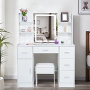 Teousev Vanity Desk with Lighted Mirror & Stool, 5 Drawers & Shelves, 3-Color Modes Makeup Table, White