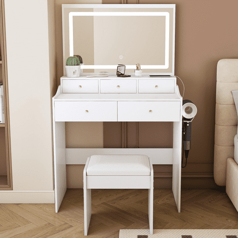 UHOMEPRO Vanity Set with Mirror, Lighted Makeup Vanity Desk with 5 Drawers, Storage Shelves, Hair Dryer Rack, and Cushioned Stool, Modern Makeup Desk Dressing Table for Girls Bedroom, White
