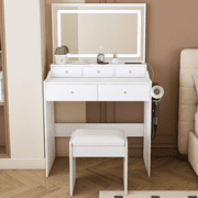 UHOMEPRO Vanity Set with Mirror, Lighted Makeup Vanity Desk with 5 Drawers, Storage Shelves, Hair Dryer Rack, and Cushioned Stool, Modern Makeup Desk Dressing Table for Girls Bedroom, White
