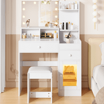 Vanity Set with Mirror, UHOMEPRO Lighted Makeup Vanity Desk with 2 Drawers, 5 Storage Shelves, LED Cabinet, and Cushioned Stool, Modern Makeup Desk Dressing Table for Girls Bedroom, White