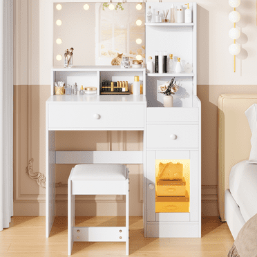 Vanity Set with Mirror, UHOMEPRO Lighted Makeup Vanity Desk with 2 Drawers, 5 Storage Shelves, LED Cabinet, and Cushioned Stool, Modern Makeup Desk Dressing Table for Girls Bedroom, White