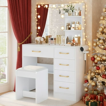 Vanity Set with Mirror, UHOMEPRO Lighted Makeup Vanity Desk with 5 Drawers, 3 Storage Shelves, Hair Dryer Rack, and Cushioned Stool, Modern Makeup Desk Dressing Table for Girls Bedroom, White