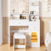 Vanity Set with Mirror, UHOMEPRO Lighted Makeup Vanity Desk with 2 Drawers, 5 Storage Shelves, LED Cabinet, and Cushioned Stool, Modern Makeup Desk Dressing Table for Girls Bedroom, White