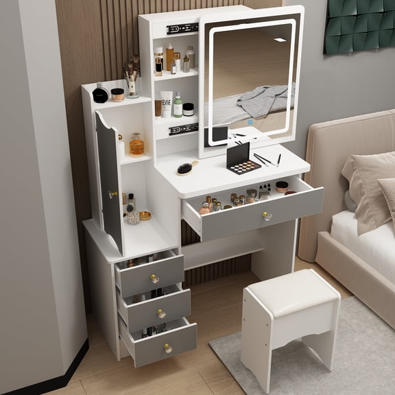 KULAGAGA Large Vanity Set with 3 Colors Lighted Mirror, Makeup Table with Cushioned Stool, 3 Storage Shelves 4 Drawers, Dressing Table Dresser Desk