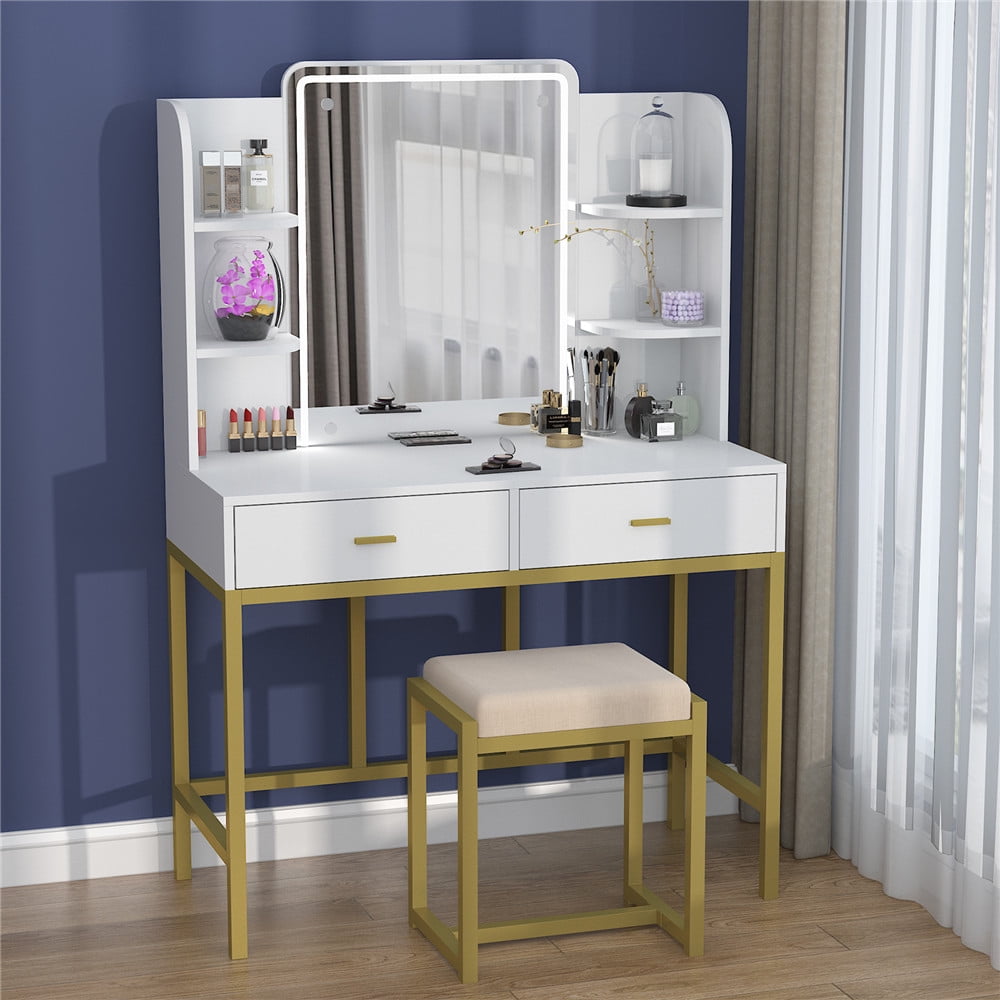 Large Vanity Table Set with Mirror and Lights White, included 1 ...