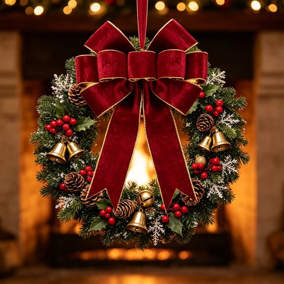 Large Velvet Christmas Bow, 14-Inch Decorative Tree Topper with Gold Stitching for Holiday Decor