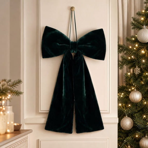 Large Velvet Christmas Bow Hanging Ornament, Festive Decorative Bow for Door Wall Mantel Wreath Seasonal Decor