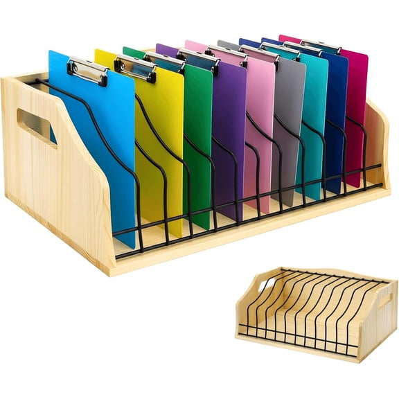 Large Vertical Clipboard Holder, 12 Slots Wood and Metal Clipboard Storage Rack, Desk File Organizer with Side Panel for Home, Office, School, No Assembly Required