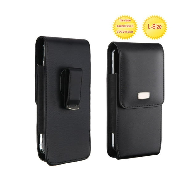 Large Vertical Universal Phone Pouch  Black Faux Leather with Belt Clip  Fits Smartphones Up to 6.5 inches