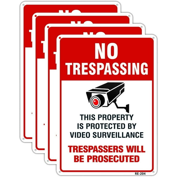 Large Video Surveillance Signs Outdoor,No Trespassing Sign Aluminum 10x14 Inch UV Ink Printed for House and Business (4-Pack)