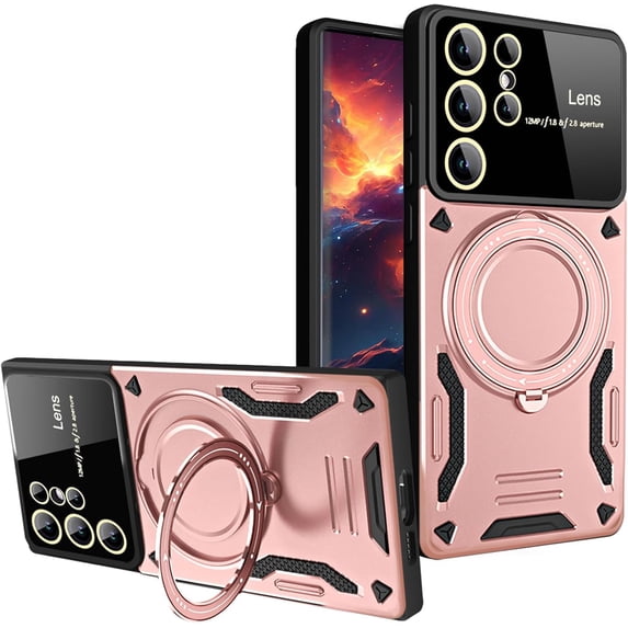 Large Viewport Design Case for Samsung Galaxy S24 Ultra (Not S24) with Ring Kickstand, Full Camera Lens Protector Large Window Shockproof Case for Samsung Galaxy S24 Ultra YD-Rose Gold
