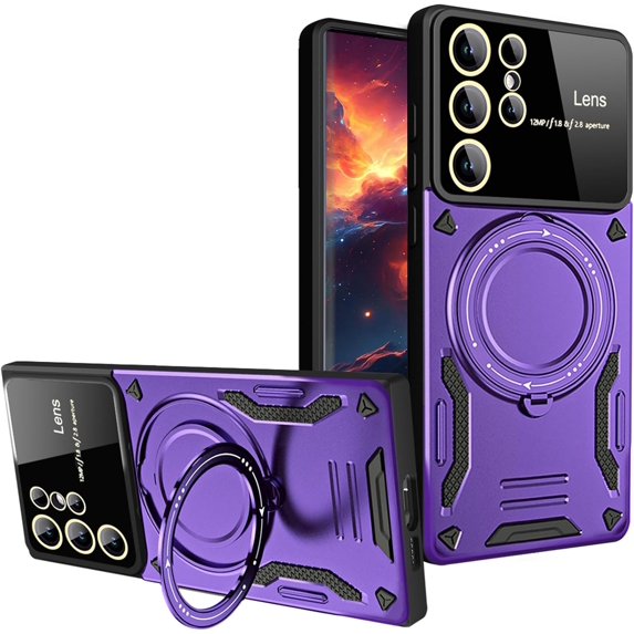 Large Viewport Design Case for Samsung Galaxy S24 Ultra (Not S24) with Ring Kickstand, Full Camera Lens Protector Large Window Shockproof Cover Case for Samsung Galaxy S24 Ultra YD-Purple
