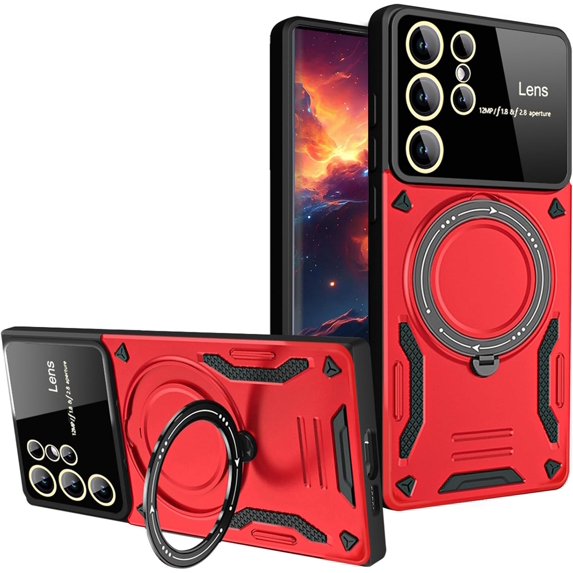 Large Viewport Design Case for Samsung Galaxy S24 Ultra (Not S24) with Ring Kickstand, Full Camera Lens Protector Large Window Shockproof Cover Case for Samsung Galaxy S24 Ultra YD-Red