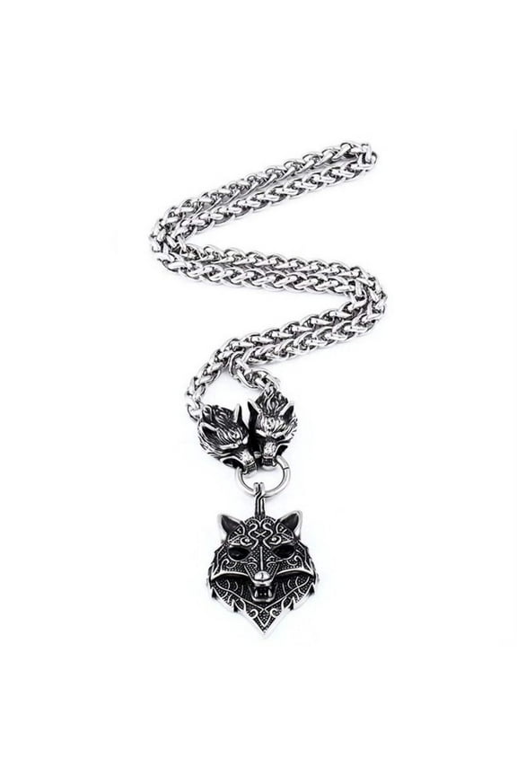Large Viking Fenrir Wolf Necklace Stainless Steel Geri Freki Wolves Wheat Chain