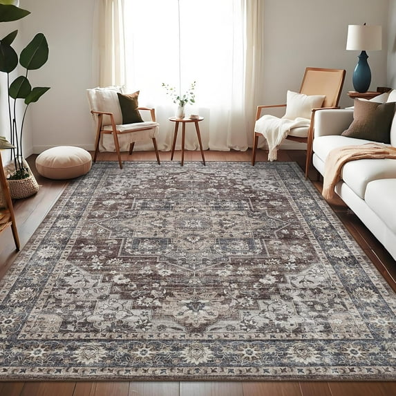 Large Vintage 9x12 Area Rug Ultra-Soft Distressed Dining Room Non-Shedding Flower Printed Washable Easy Clean Floor Mats Red