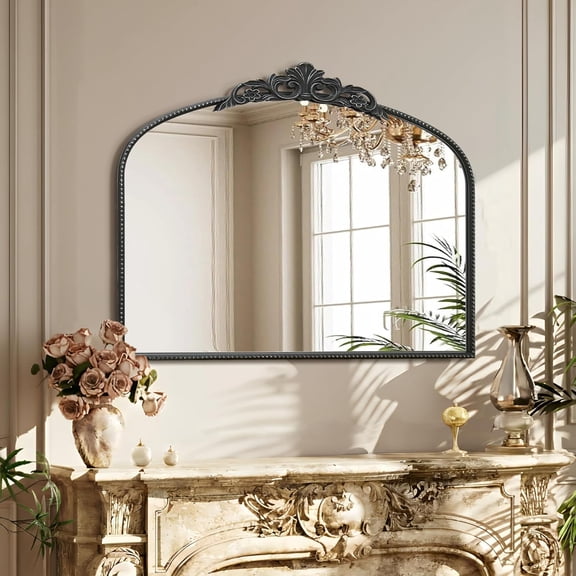 Large Vintage Black Mirror: 40" x 29" French Baroque Antique Mirror - Traditional Ornate Decorative Arched Mirrors for Wall/Bathroom/Entryway/Fireplace/Hallway - Home Decor for Living Room