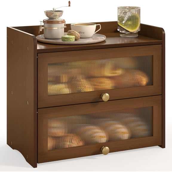 Large Vintage Bread Box for Kitchen Countertop Wooden Double Layer Breadbox Organizer with Window Vintage Farmhouse Bread Storage Container for Homemade Bread (Brown)