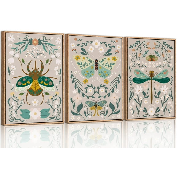 Monarch Butterfly Animals Framed Canvas Wall Art Set, Floral Botanical Bee Wall Decor, Mid Century Modern Wall Painting, Boho Nature Art Print for Living Room Kids Bedroom Office 16"x24"x3