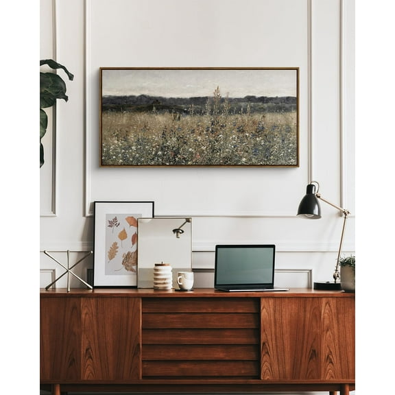 Large Vintage Framed Canvas Wall Art, 20x40inch Flower Meadow Landscape Painting for Living Room Bedroom Decor