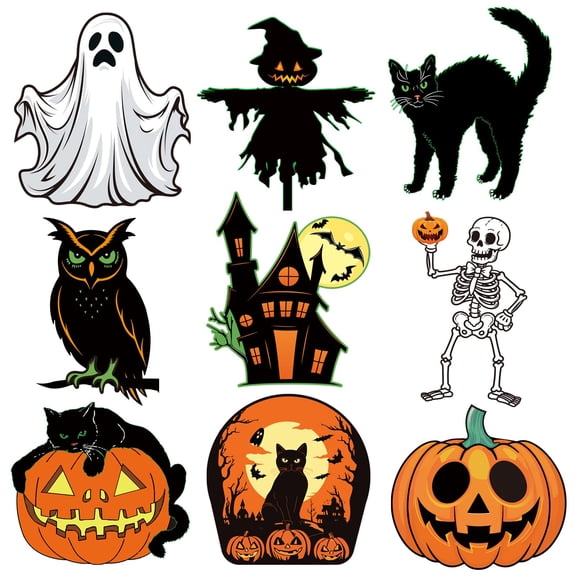 Large Vintage Halloween Decorations Double-Sided Halloween Cutouts Retro Halloween Spooky Ghost Pumpkin Witch Cat Cutouts for Trick or Treat Holiday Party Window Wall Decor(9PCS)