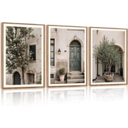 Large Vintage Italy City Landscape Framed Canvas Wall Art Set, Olive Green Tree Country Wall Decor, Modern Minimalist Countryside Villages Picture for Living Ro