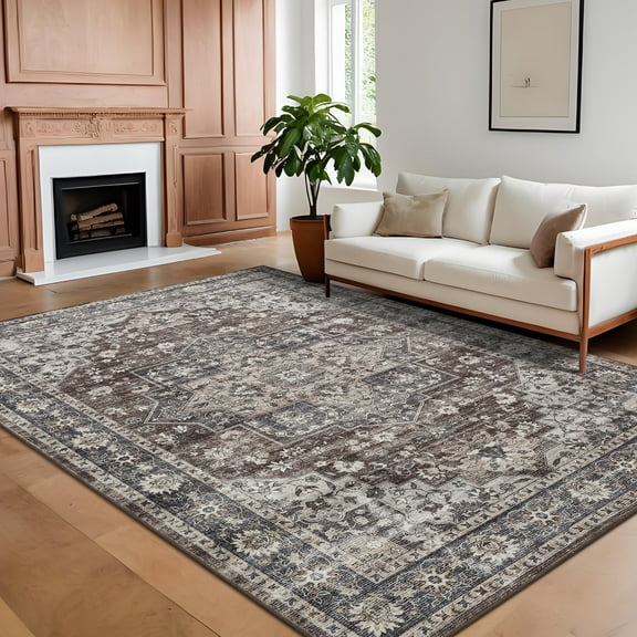 Large Vintage Living Room Rug 10 x 13 Washable Oriental Medallion Accent Carpet with Non-Slip Backing, Floral Print Floor Mat, Soft Low Pile Area Rug for Bedroom, Office, Red