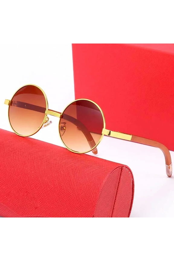 Large Vintage Mens Round Brown Tint 90's Gold Frame Circle Wood Sunglasses